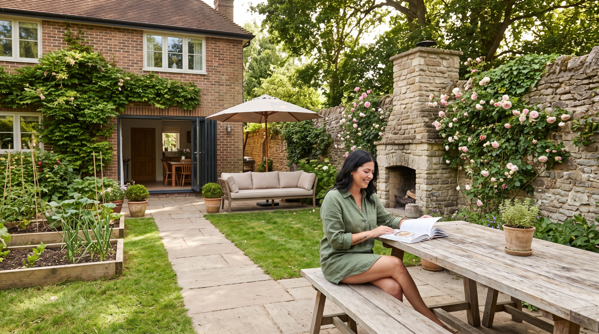 A woman enjoying a peaceful moment at a garden table, with vibrant plants and flowers in the background