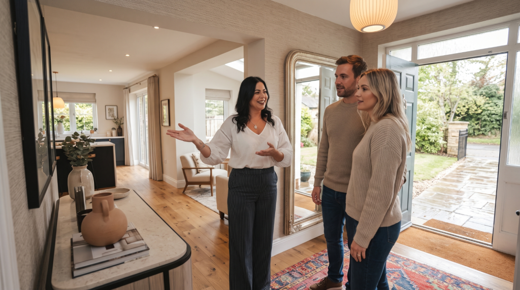 A couple in a home, with a woman pointing to a picture while the man observes attentively